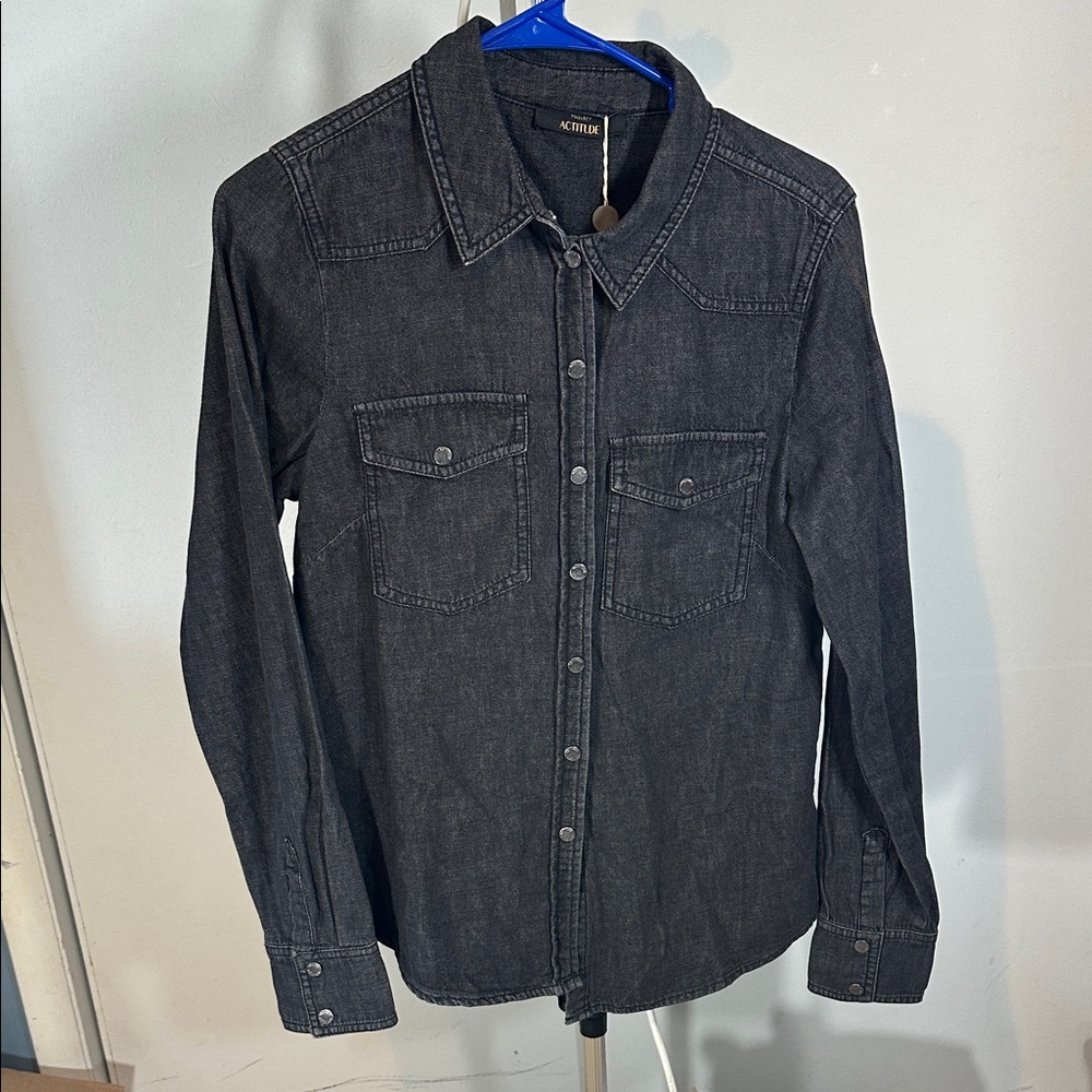 Small Twinset Actitude Black Denim new Snap-Up Shirt jeweled removable pin